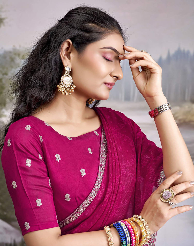 Rani Pink Georgette Bandhani Printed Lace Saree