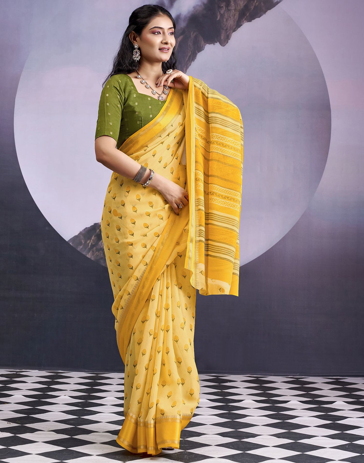 Light Yellow Georgette Floral Printed Saree