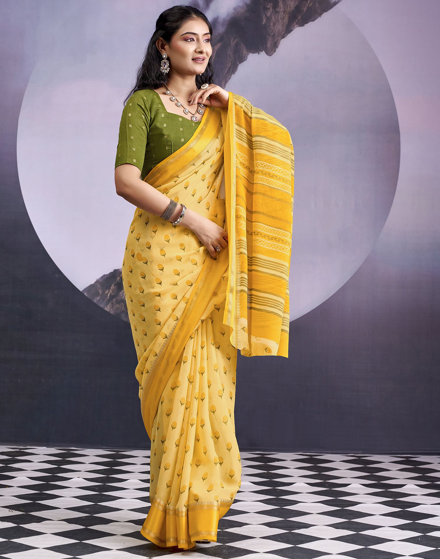 Light Yellow Georgette Floral Printed Saree