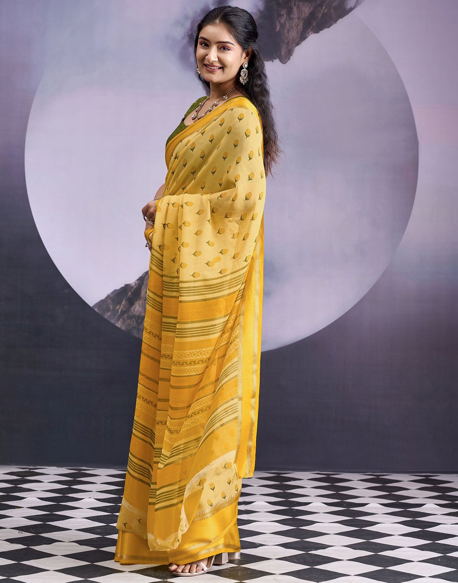 Light Yellow Georgette Floral Printed Saree