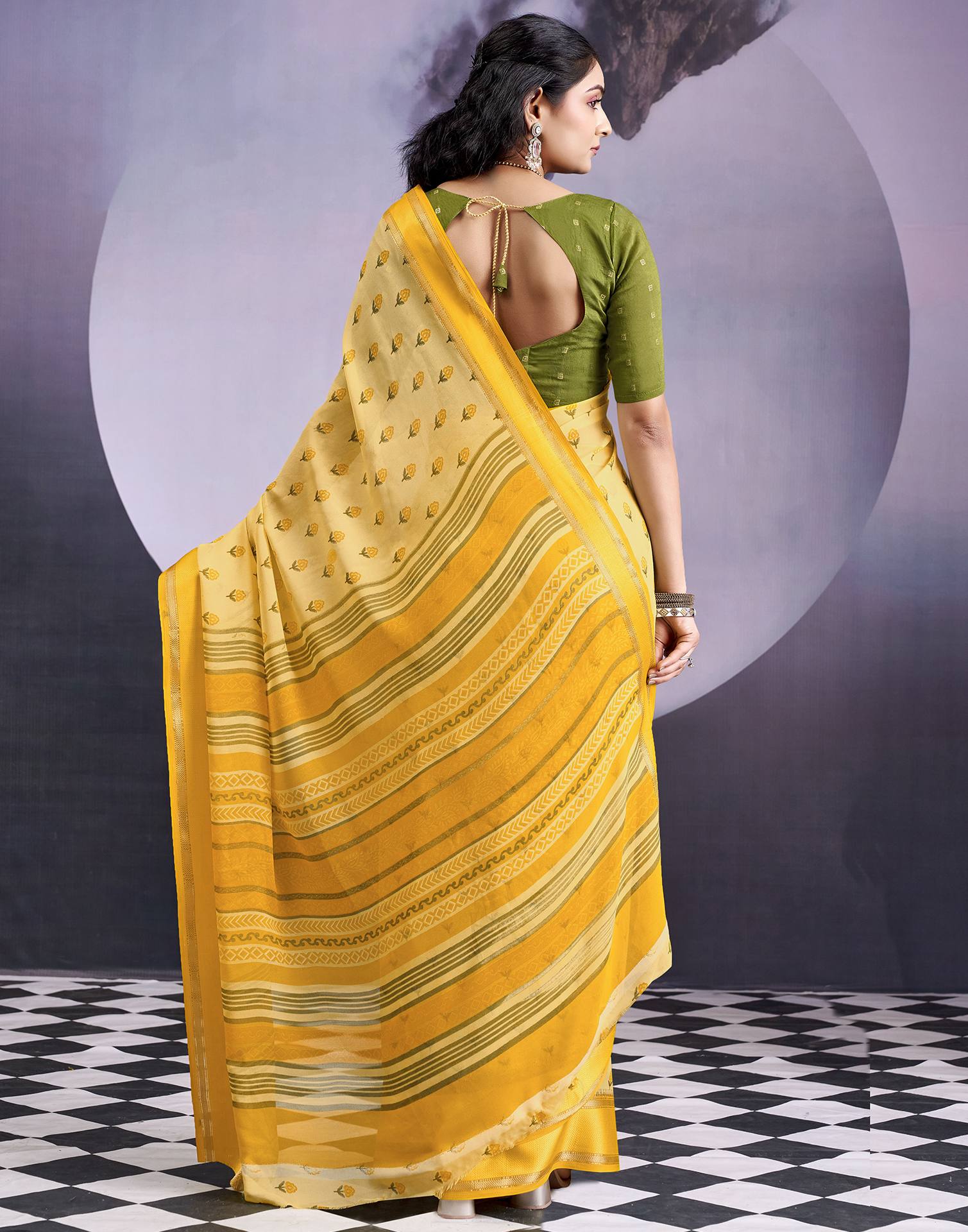 Light Yellow Georgette Floral Printed Saree