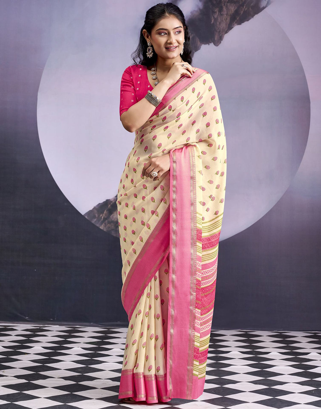 Beige Georgette Floral Printed Saree