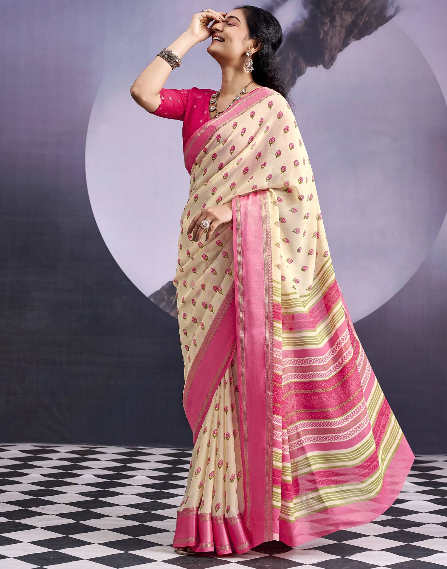 Beige Georgette Floral Printed Saree