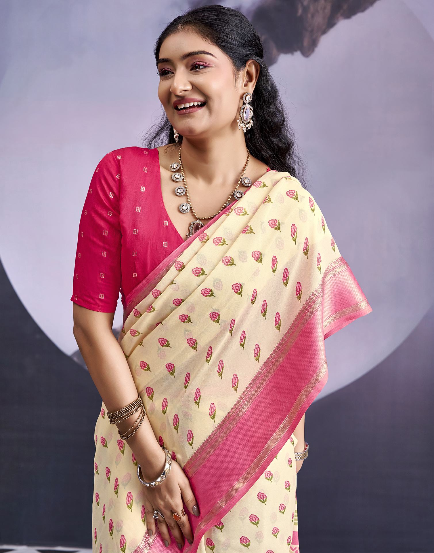 Beige Georgette Floral Printed Saree