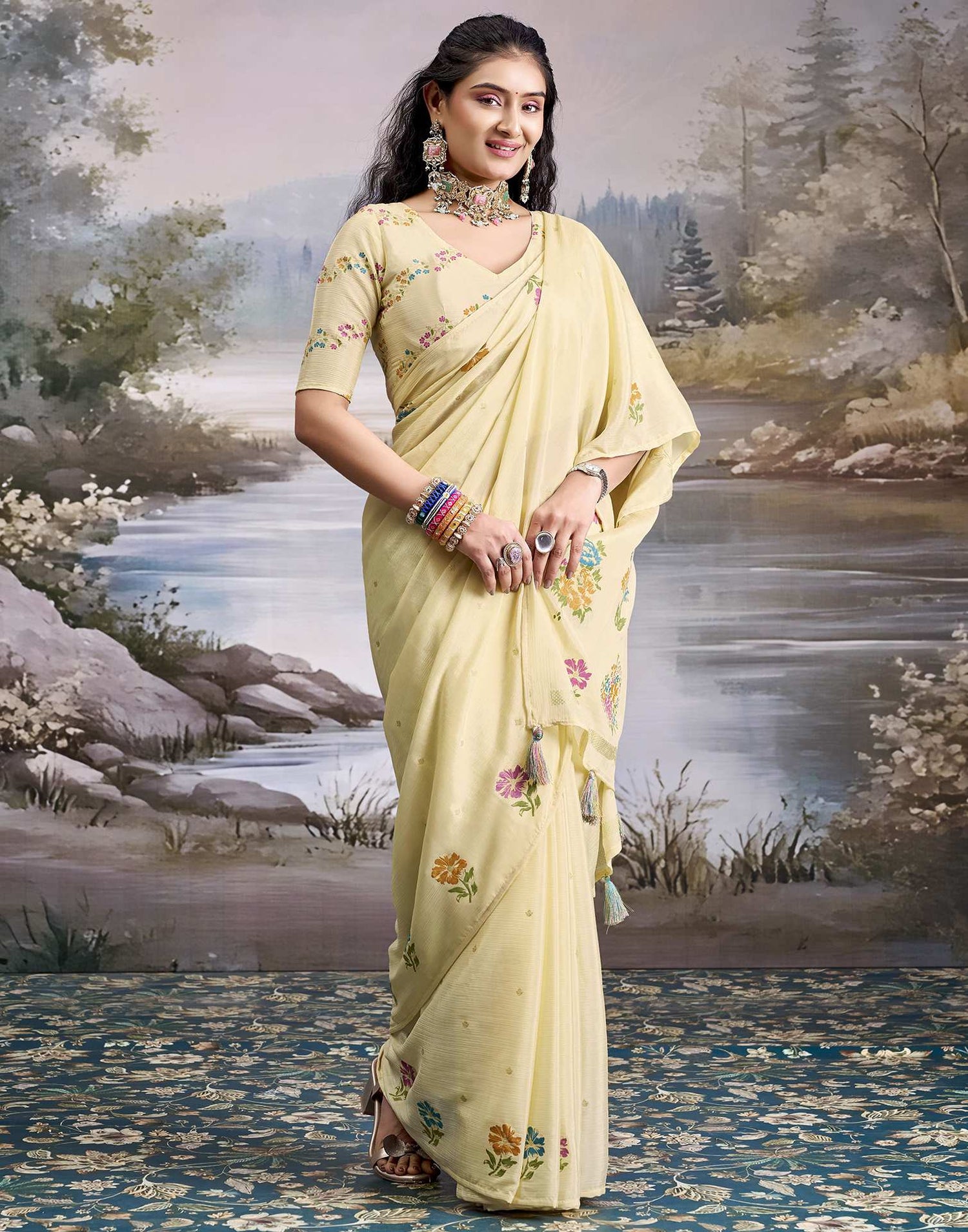 Off White Chiffon Floral Printed Saree