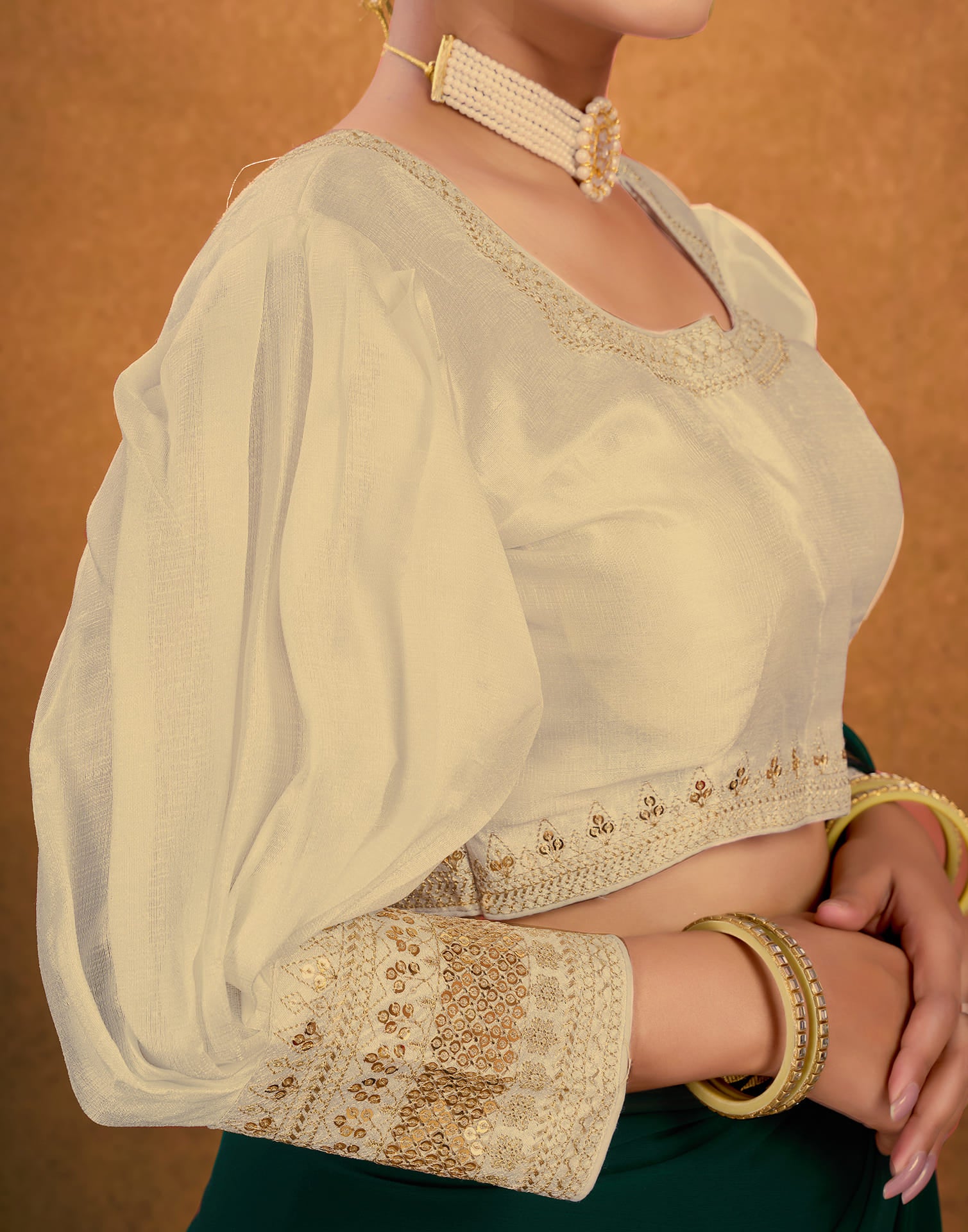 Cream Silk Plain Sequence Blouse