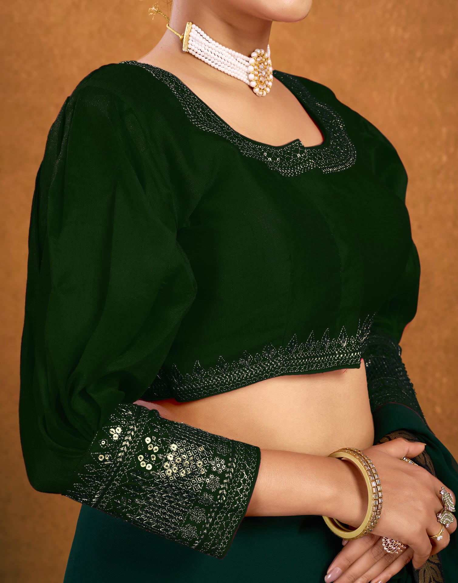 Dark Green Silk Plain Sequence Blouse