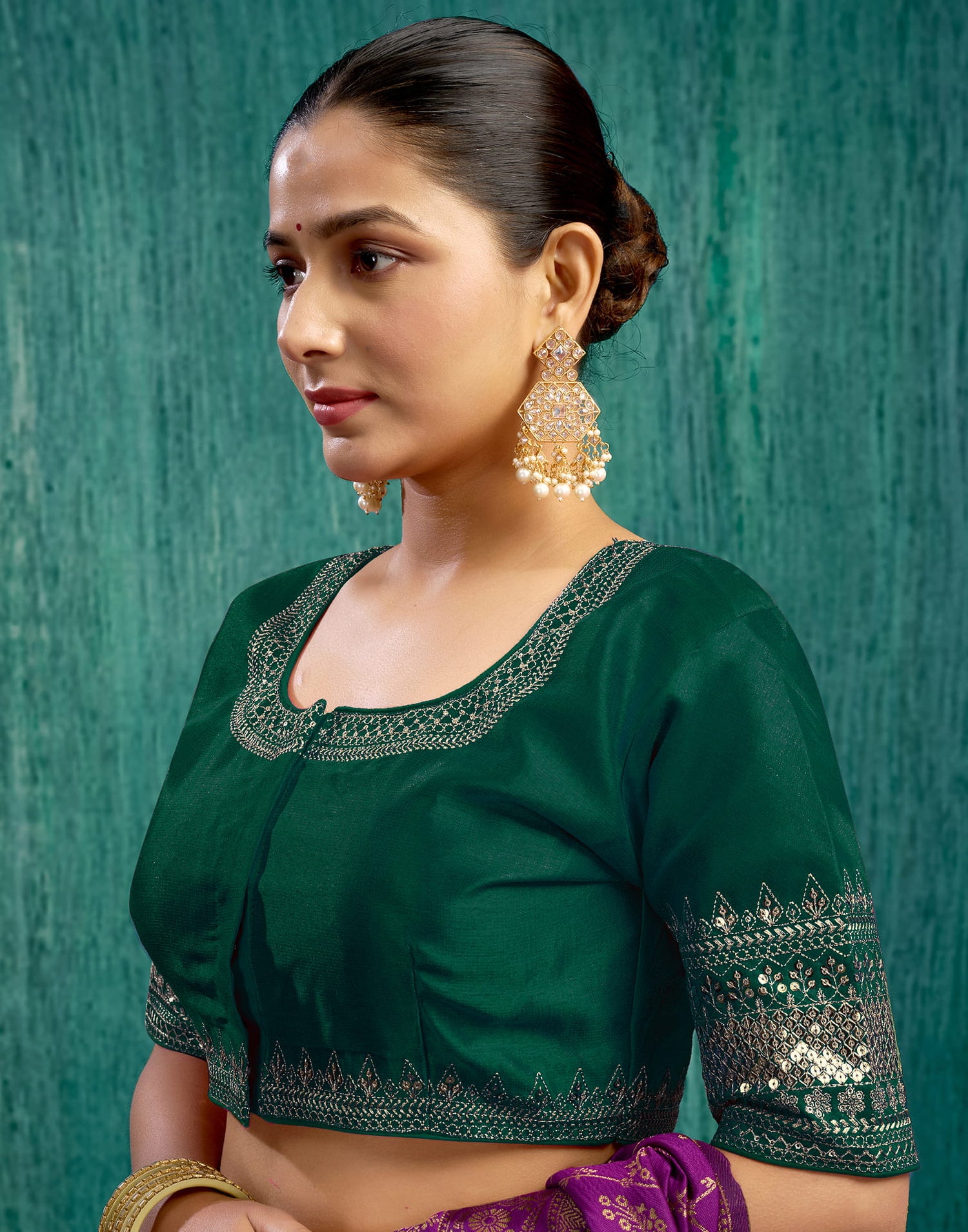 Dark Green Silk Plain Sequence Blouse