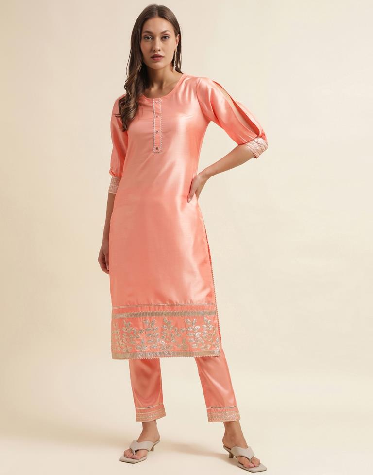 Peach Embroidery Silk Straight Kurta With Pant And Dupatta