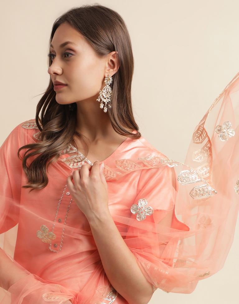 Peach Embroidery Silk Straight Kurta With Pant And Dupatta