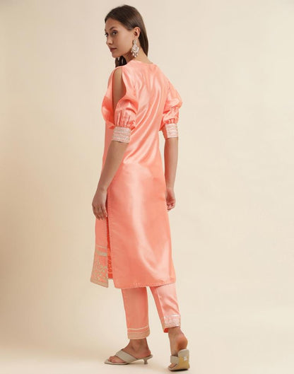 Peach Embroidery Silk Straight Kurta With Pant And Dupatta