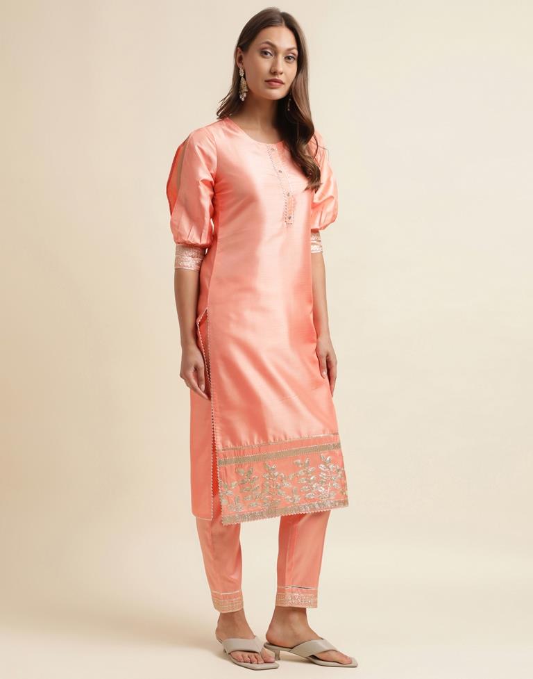 Peach Embroidery Silk Straight Kurta With Pant And Dupatta