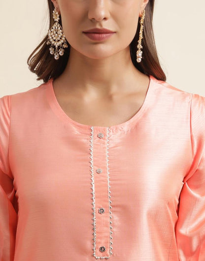 Peach Embroidery Silk Straight Kurta With Pant And Dupatta