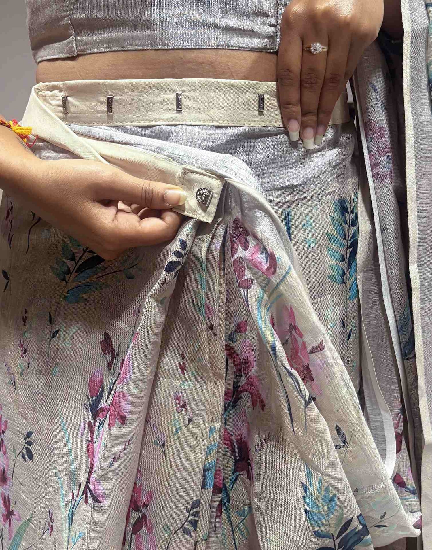 Ready To Wear Light Khaki Linen Floral Printed Saree