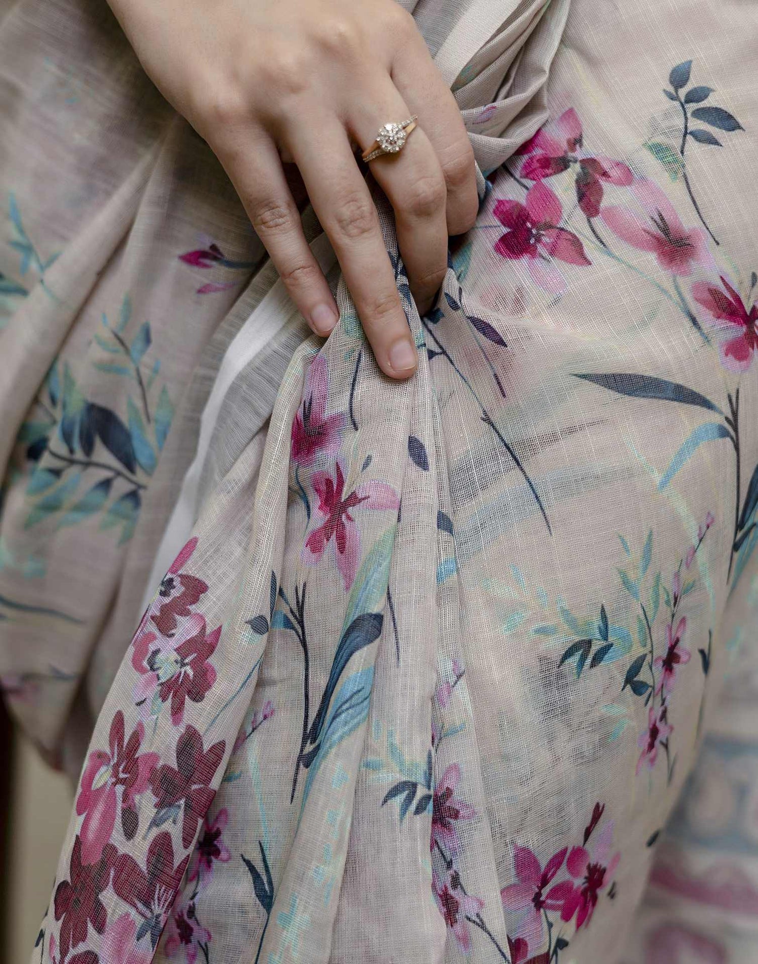 Ready To Wear Light Khaki Linen Floral Printed Saree
