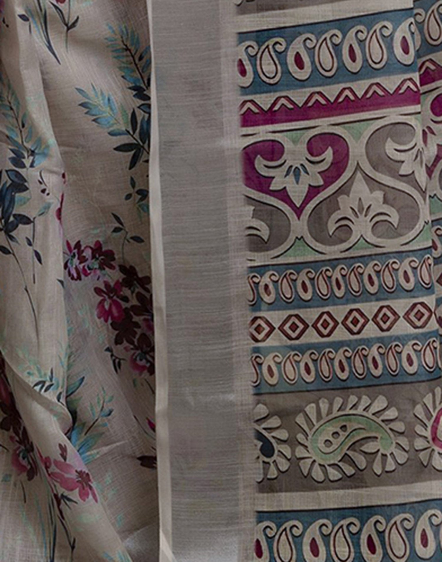 Ready To Wear Light Khaki Linen Floral Printed Saree