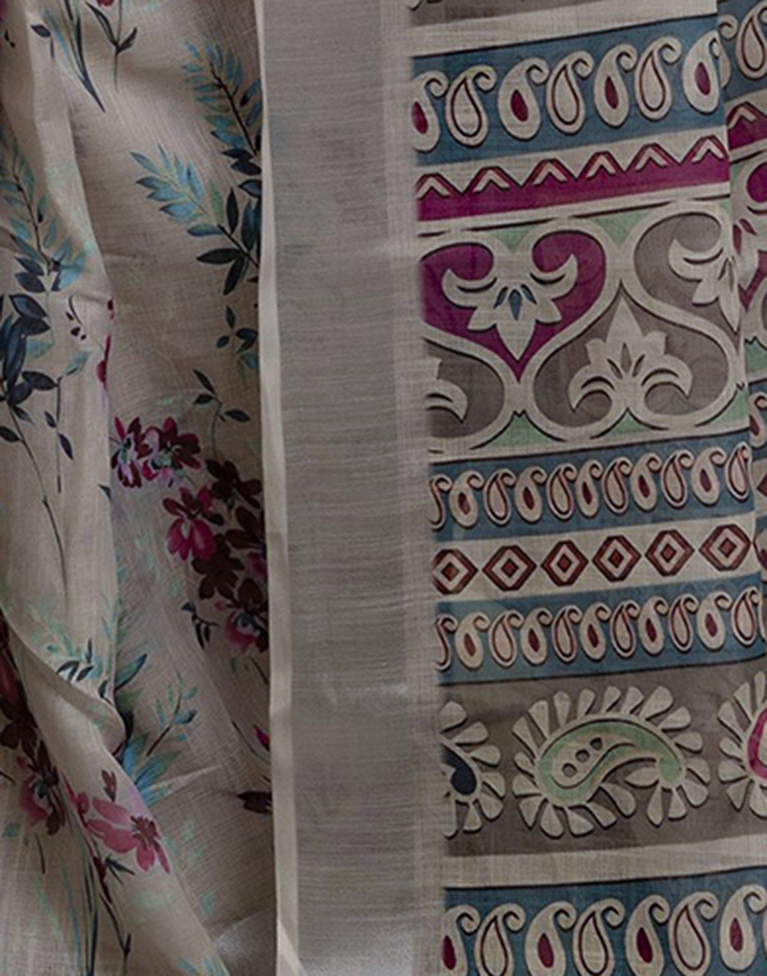 Ready To Wear Light Khaki Linen Floral Printed Saree