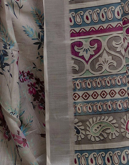 Ready To Wear Light Khaki Linen Floral Printed Saree