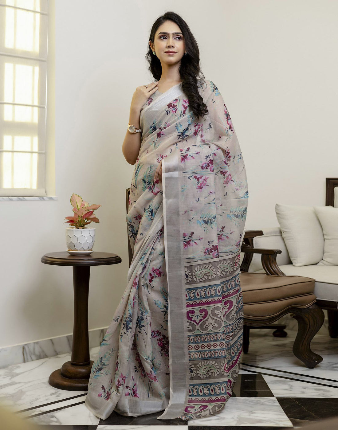 Ready To Wear Light Khaki Linen Floral Printed Saree