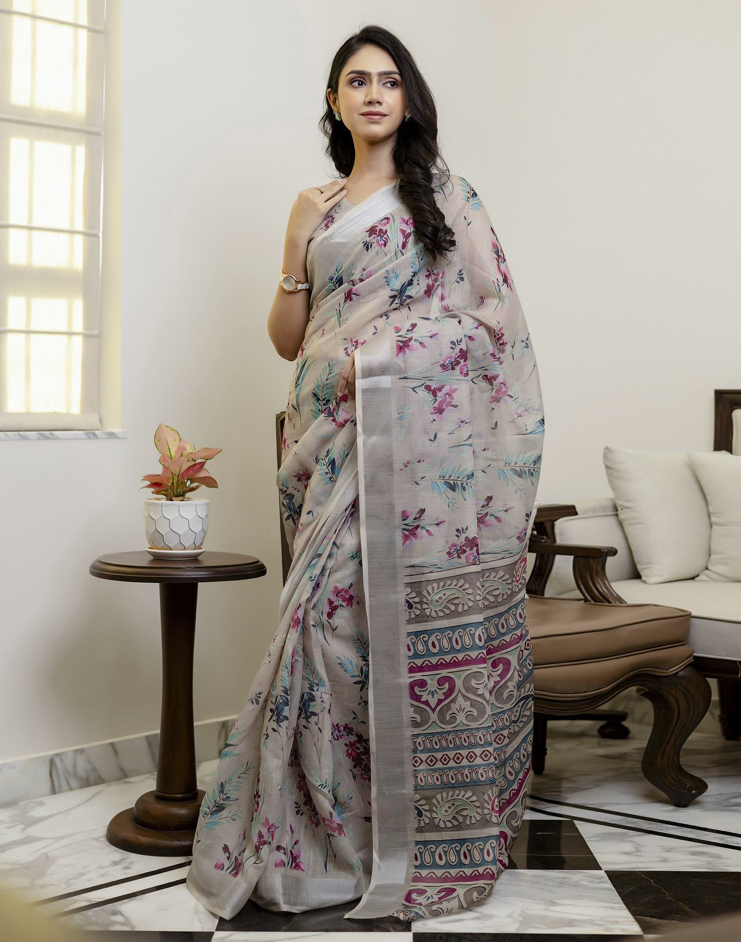 Ready To Wear Light Khaki Linen Floral Printed Saree