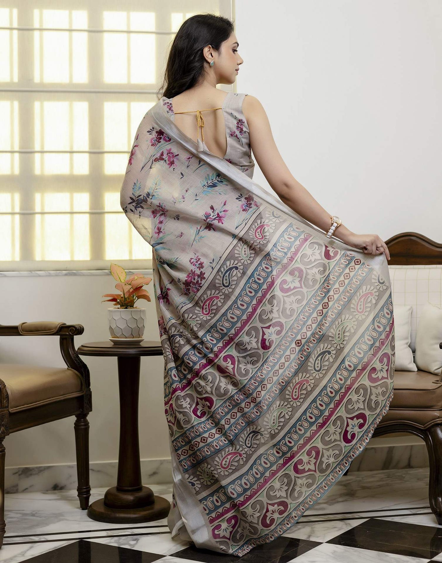 Ready To Wear Light Khaki Linen Floral Printed Saree