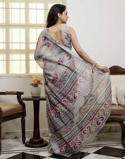 Ready To Wear Light Khaki Linen Floral Printed Saree
