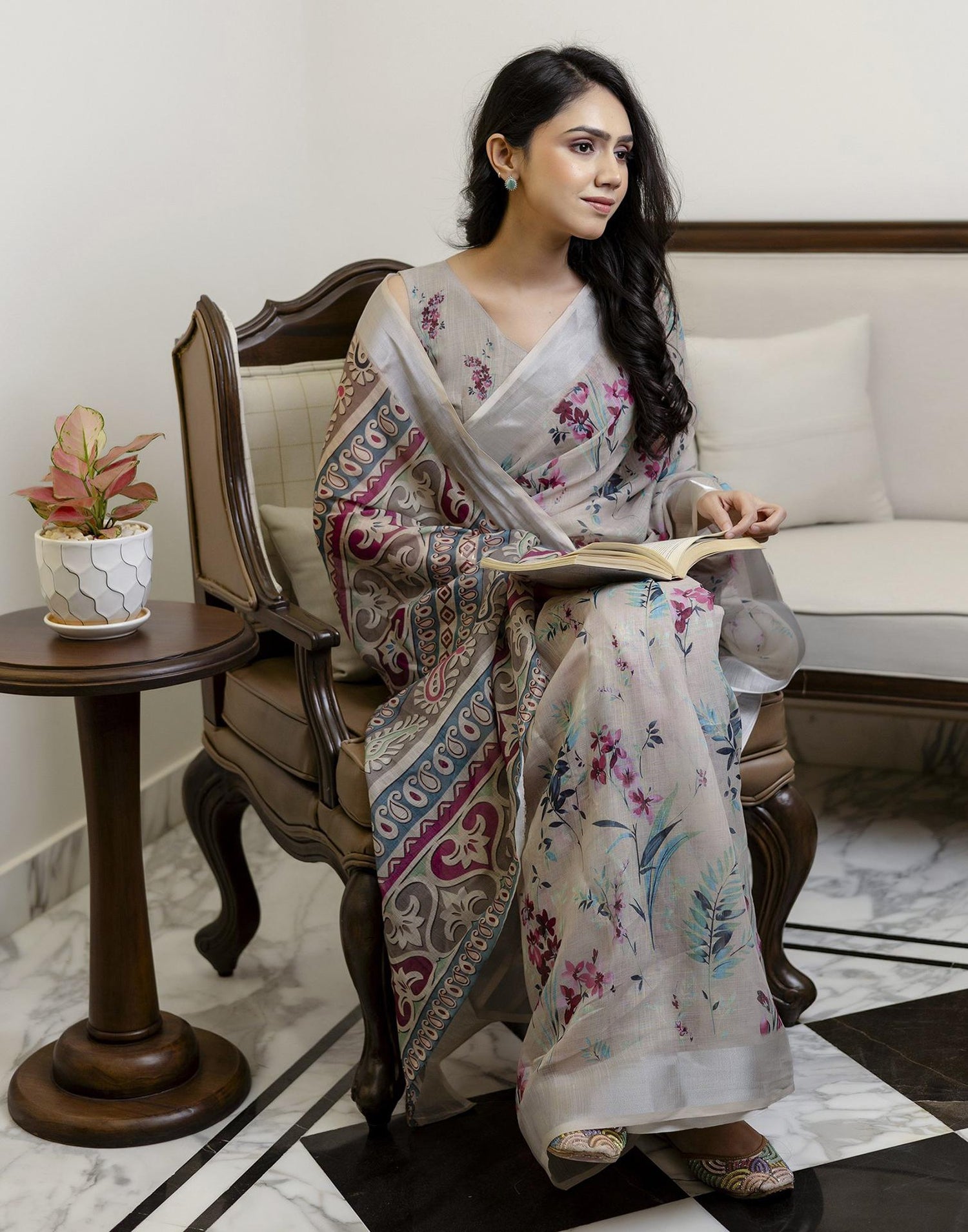 Ready To Wear Light Khaki Linen Floral Printed Saree