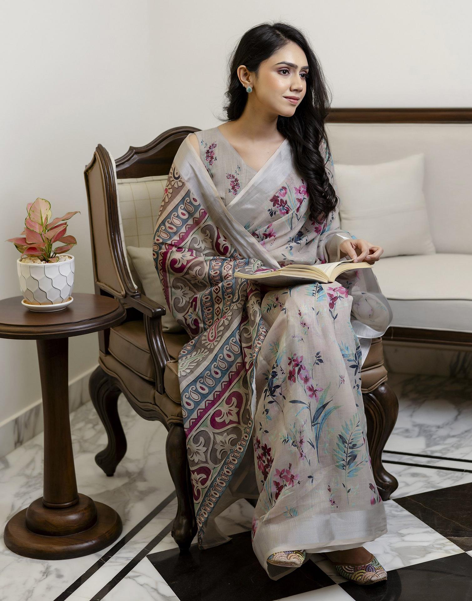Ready To Wear Light Khaki Linen Floral Printed Saree