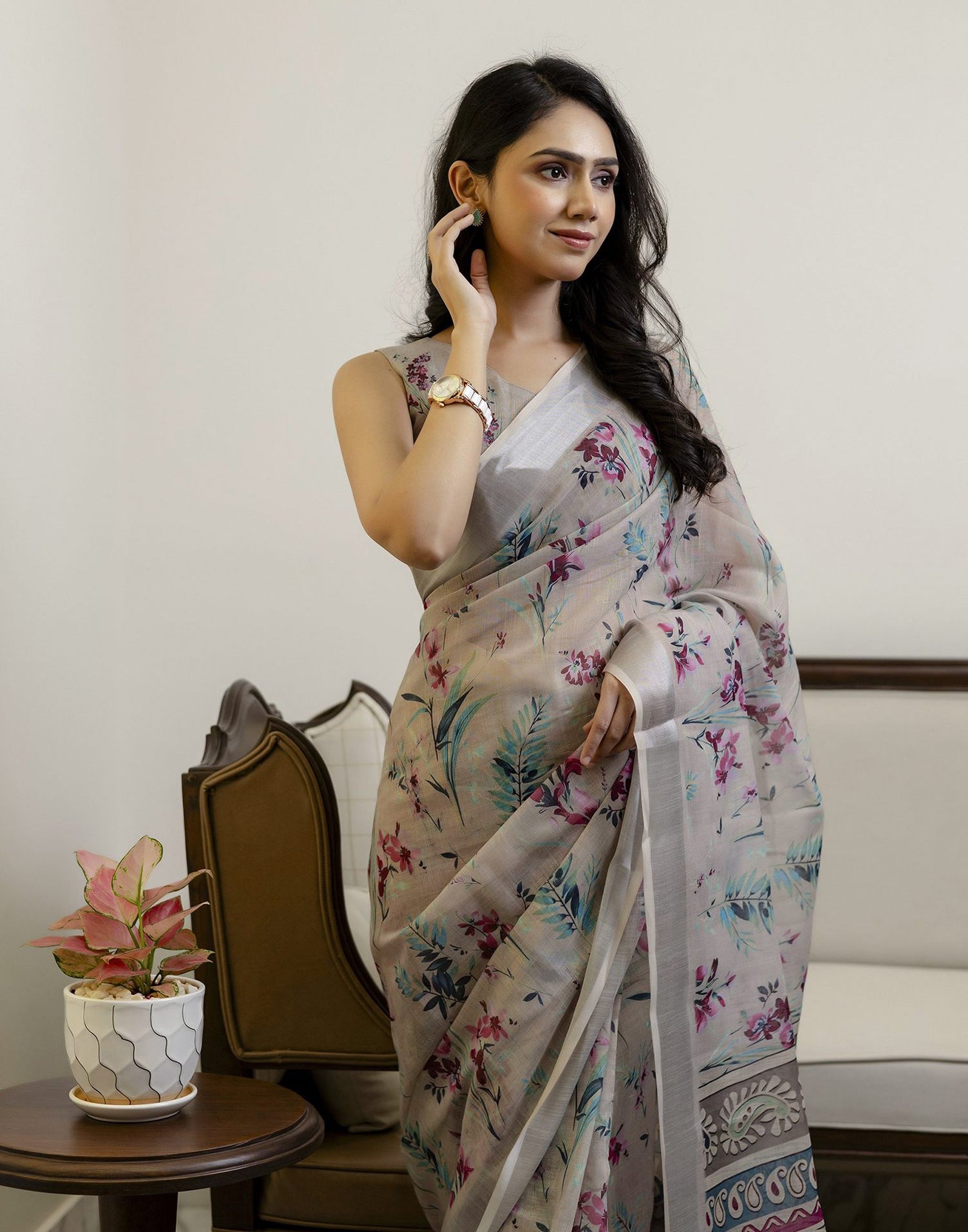 Ready To Wear Light Khaki Linen Floral Printed Saree