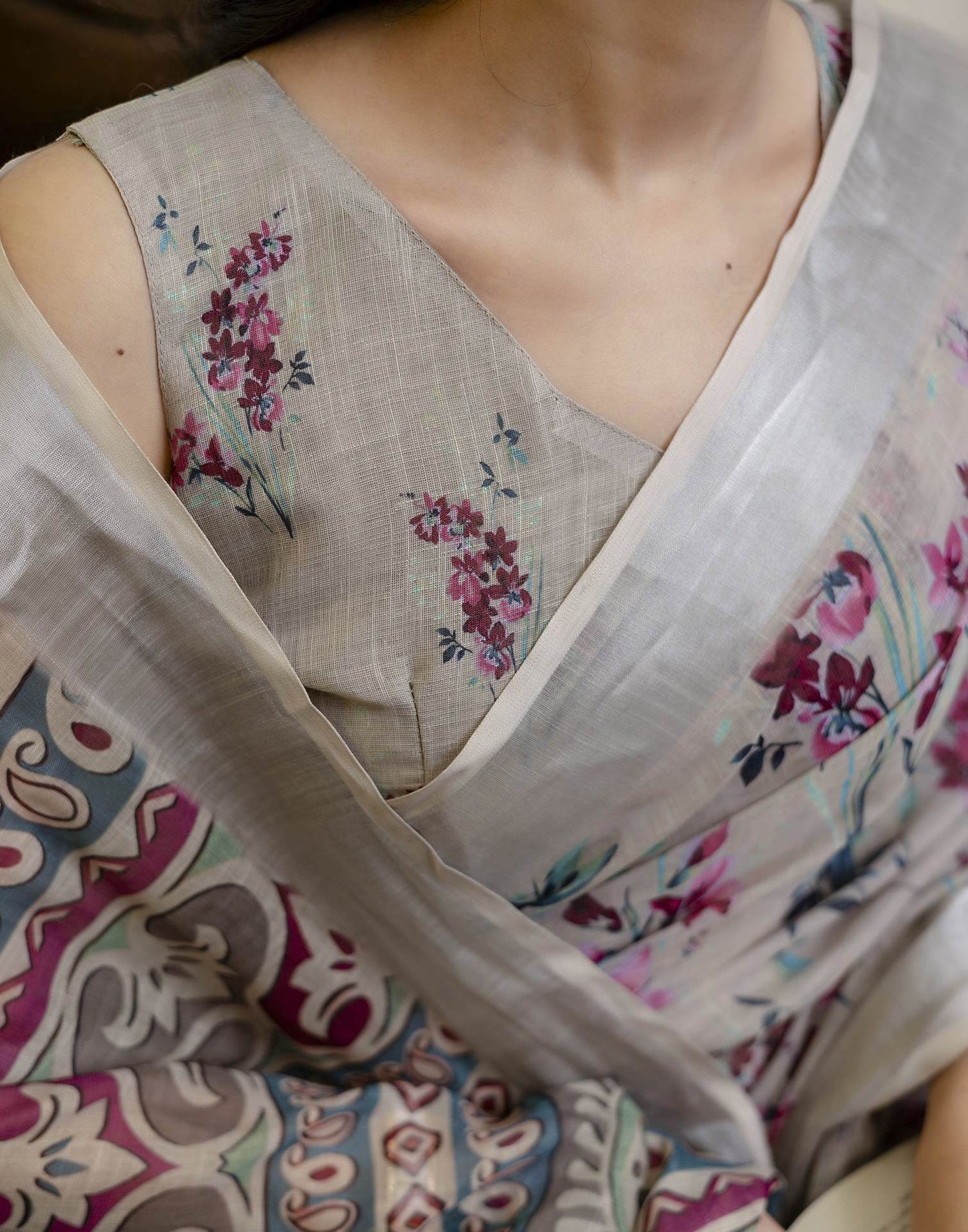 Ready To Wear Light Khaki Linen Floral Printed Saree