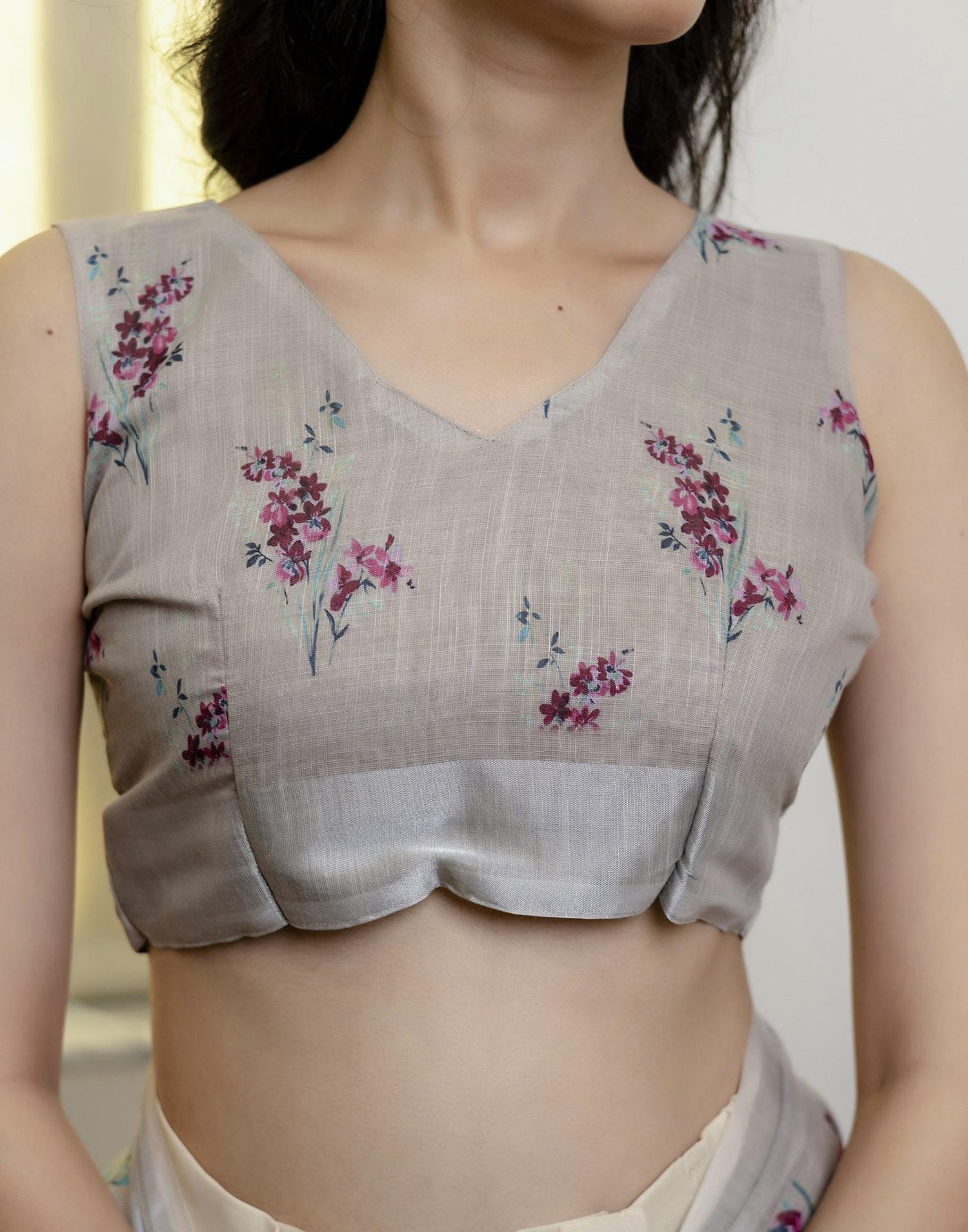 Ready To Wear Light Khaki Linen Floral Printed Saree