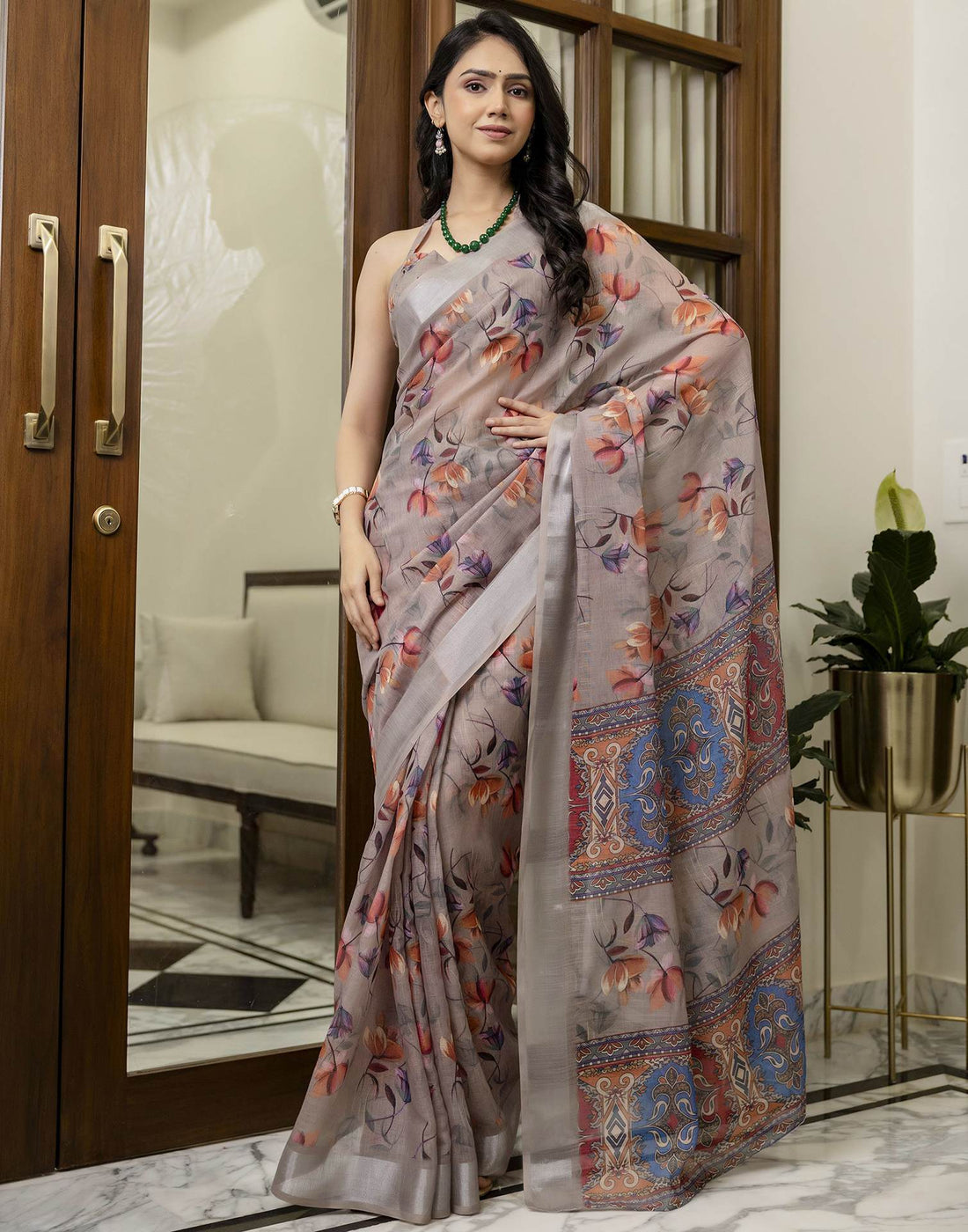 Ready To Wear Light Brown Linen Floral Printed Saree