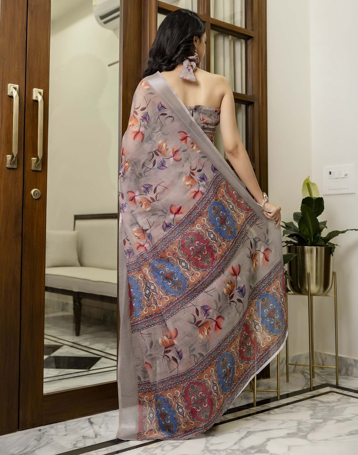 Ready To Wear Light Brown Linen Floral Printed Saree
