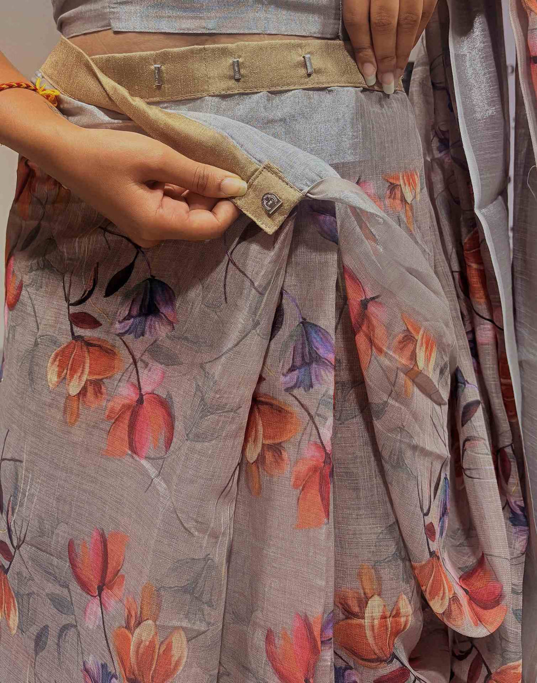 Ready To Wear Light Brown Linen Floral Printed Saree