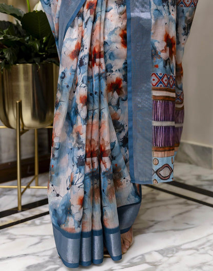Ready To Wear Teal Blue Linen Floral Printed Saree