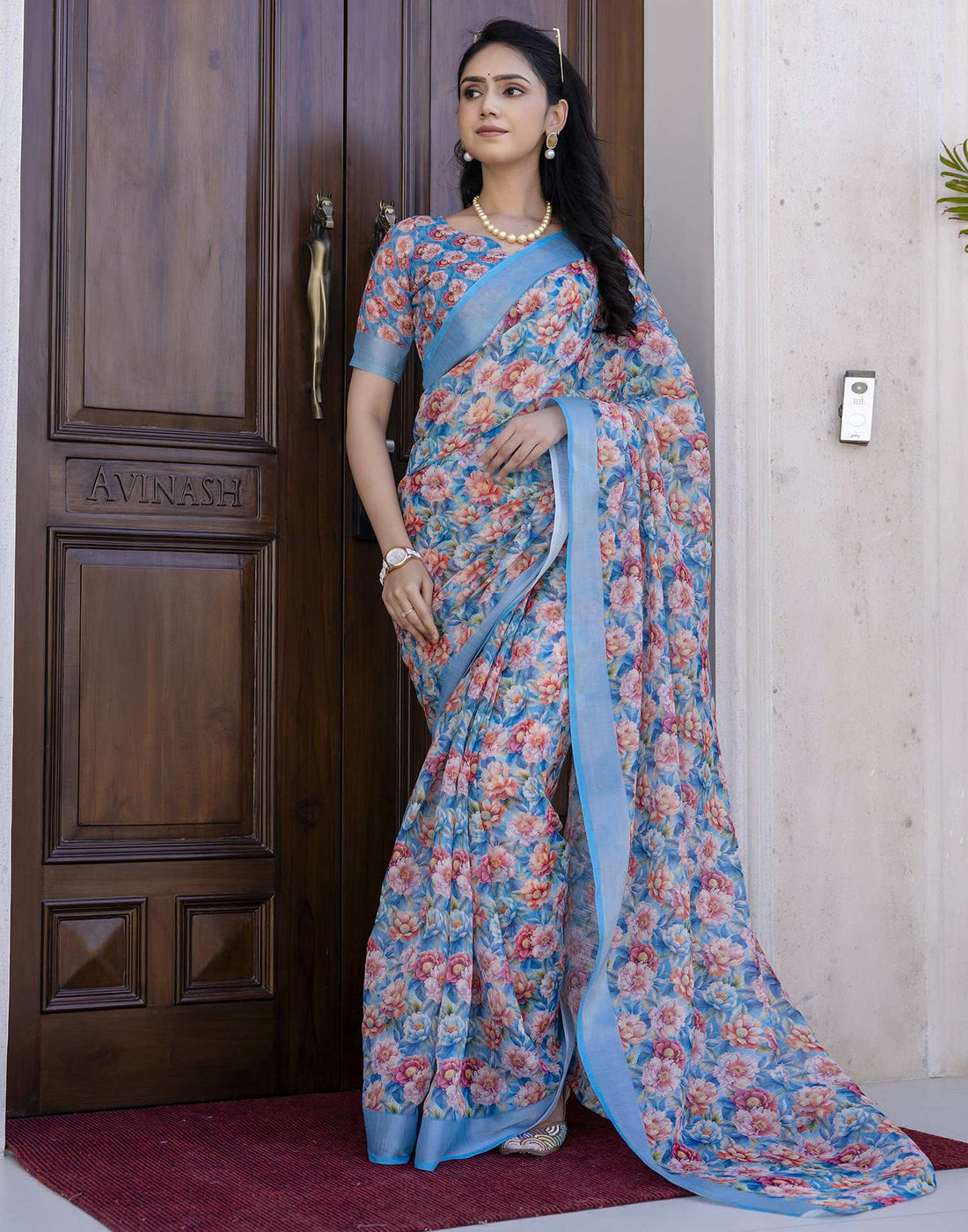 Ready To Wear Blue Linen Floral Printed Saree