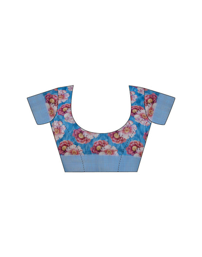 Ready To Wear Blue Linen Floral Printed Saree