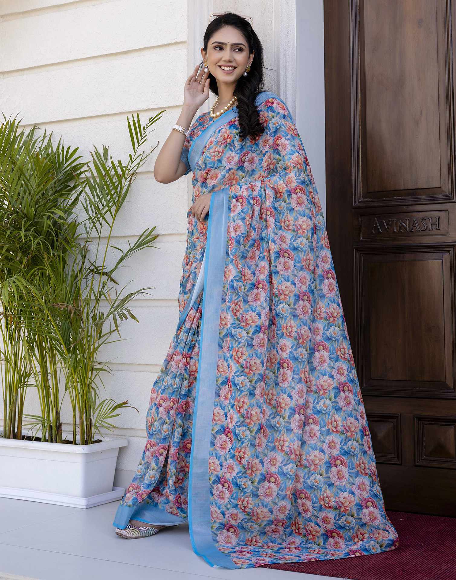 Ready To Wear Blue Linen Floral Printed Saree