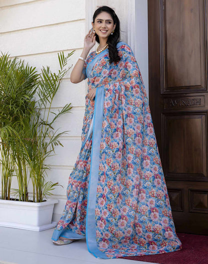Ready To Wear Blue Linen Floral Printed Saree