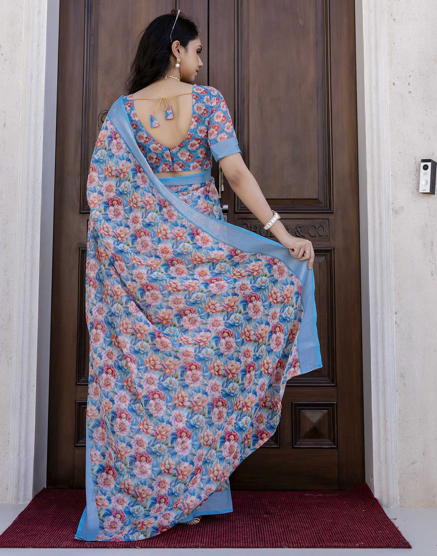 Ready To Wear Blue Linen Floral Printed Saree