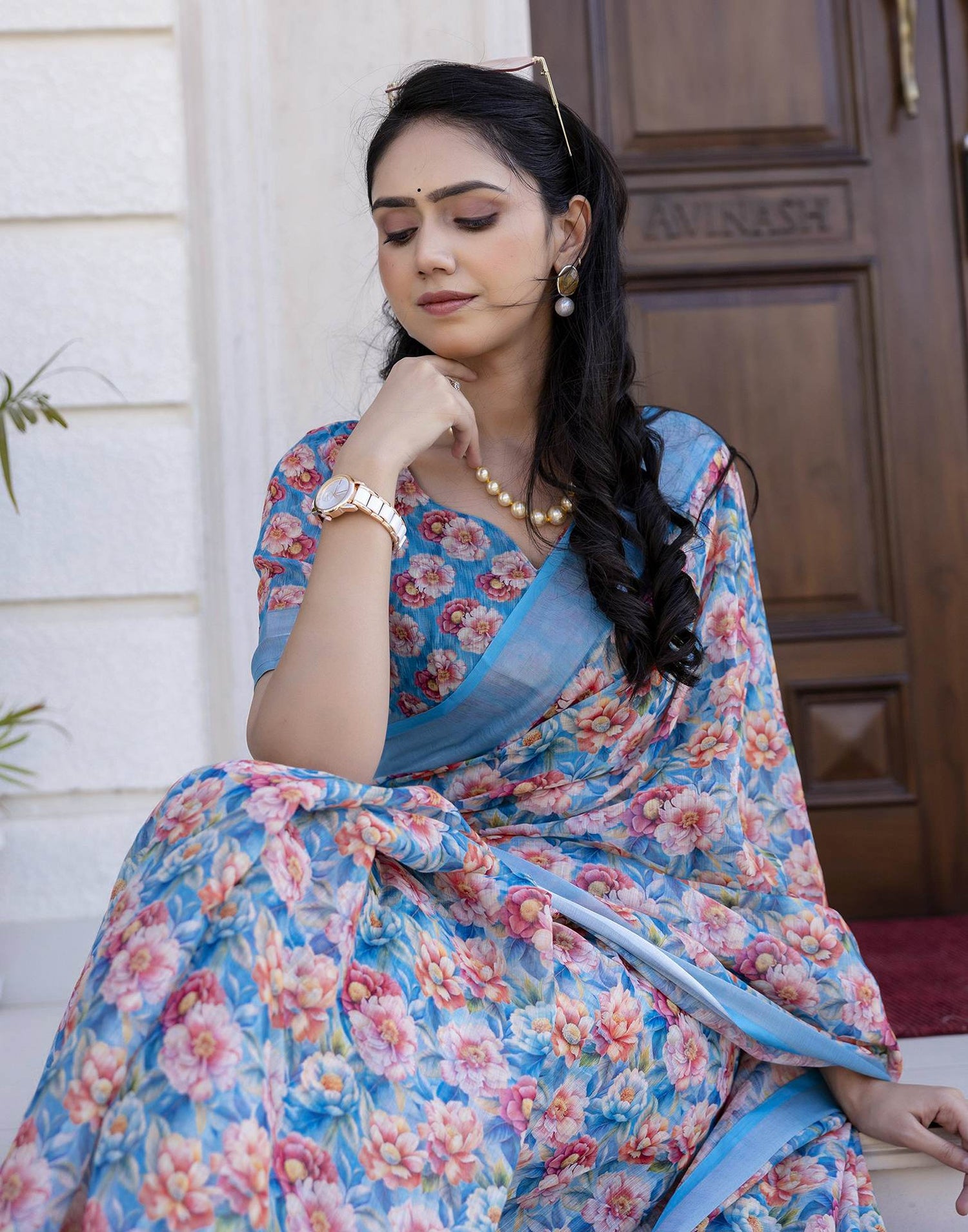 Ready To Wear Blue Linen Floral Printed Saree