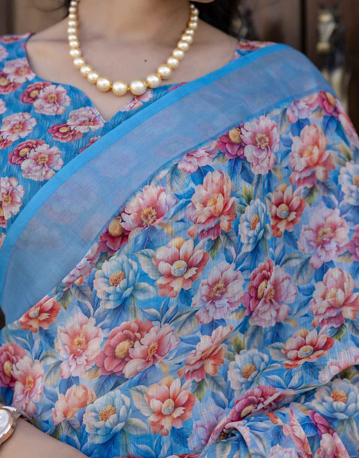 Ready To Wear Blue Linen Floral Printed Saree