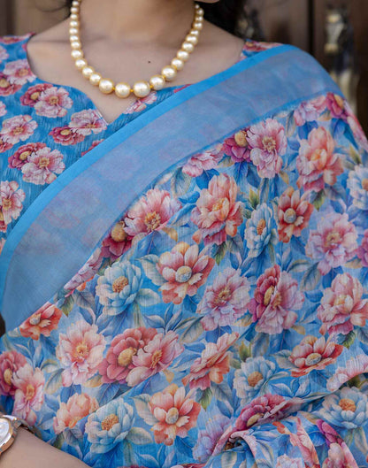 Ready To Wear Blue Linen Floral Printed Saree