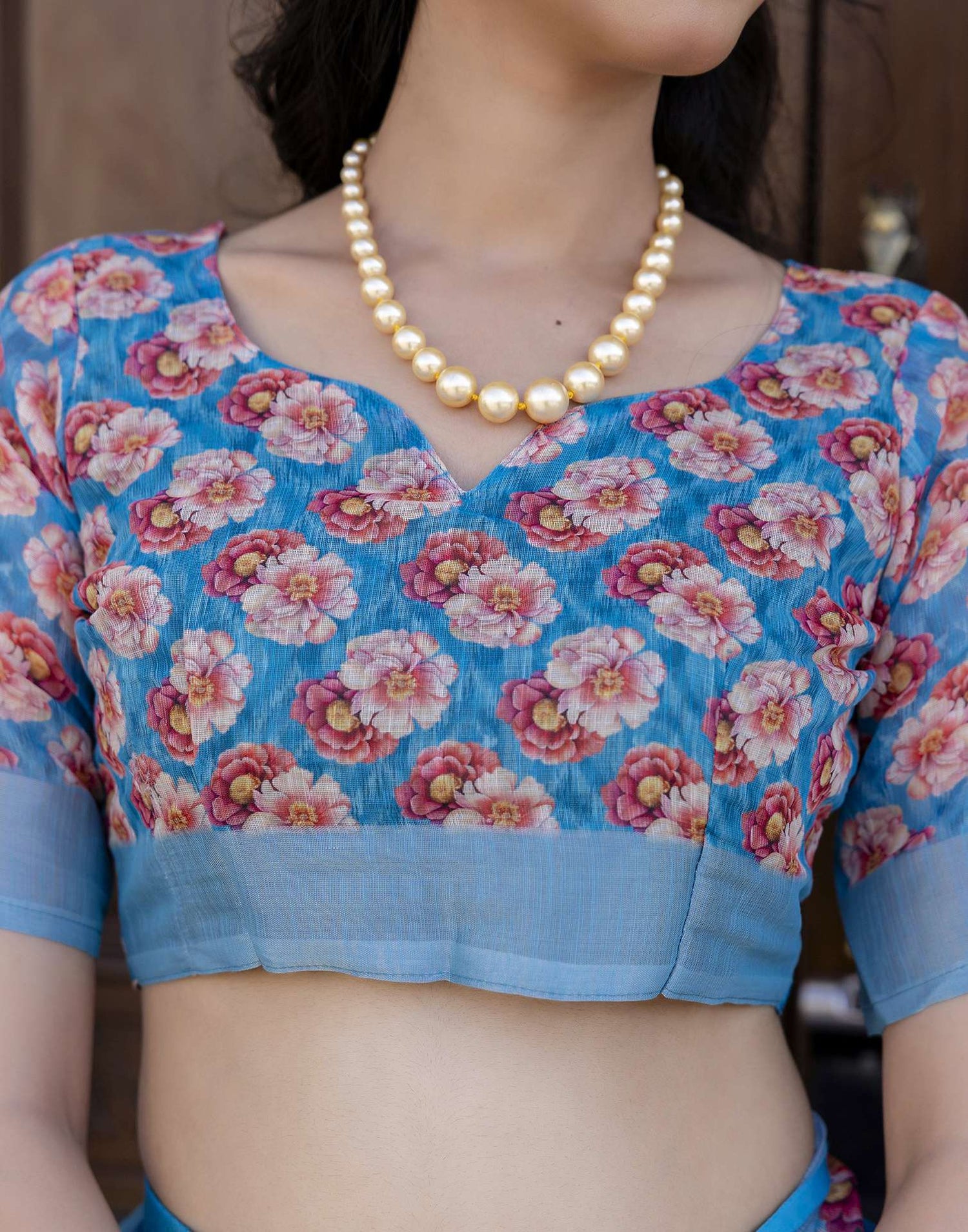 Ready To Wear Blue Linen Floral Printed Saree