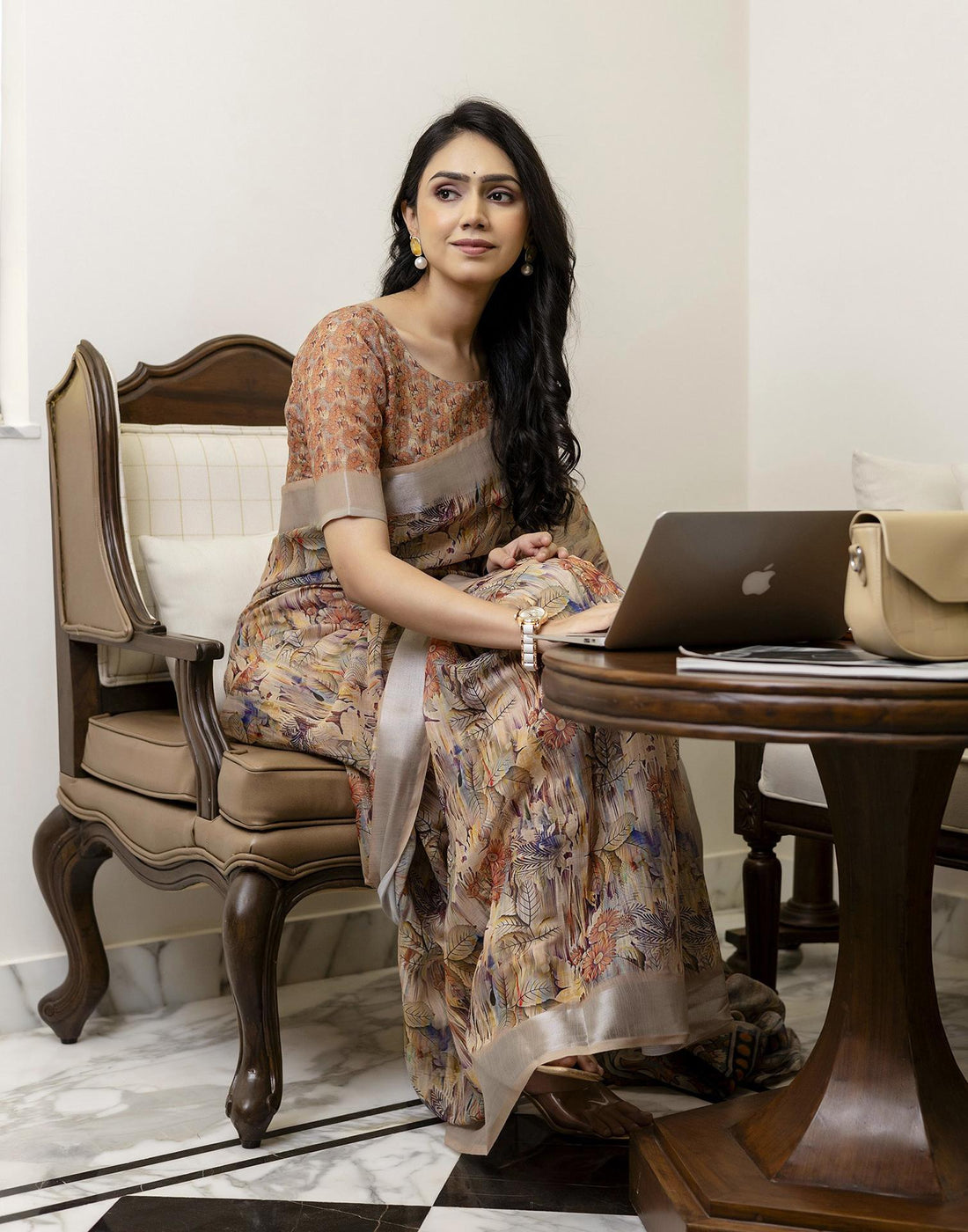 Ready To Wear Beige Linen Floral Printed Saree