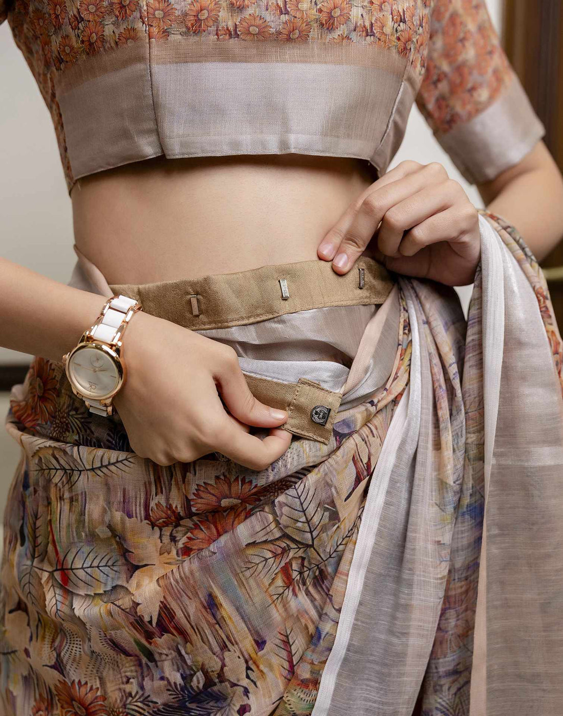 Ready To Wear Beige Linen Floral Printed Saree