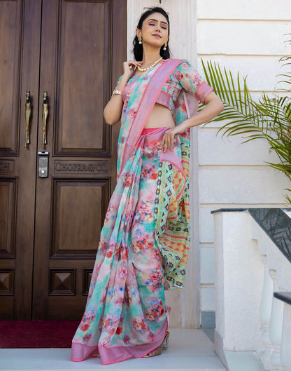Ready To Wear Teal Green Linen Floral Printed Saree