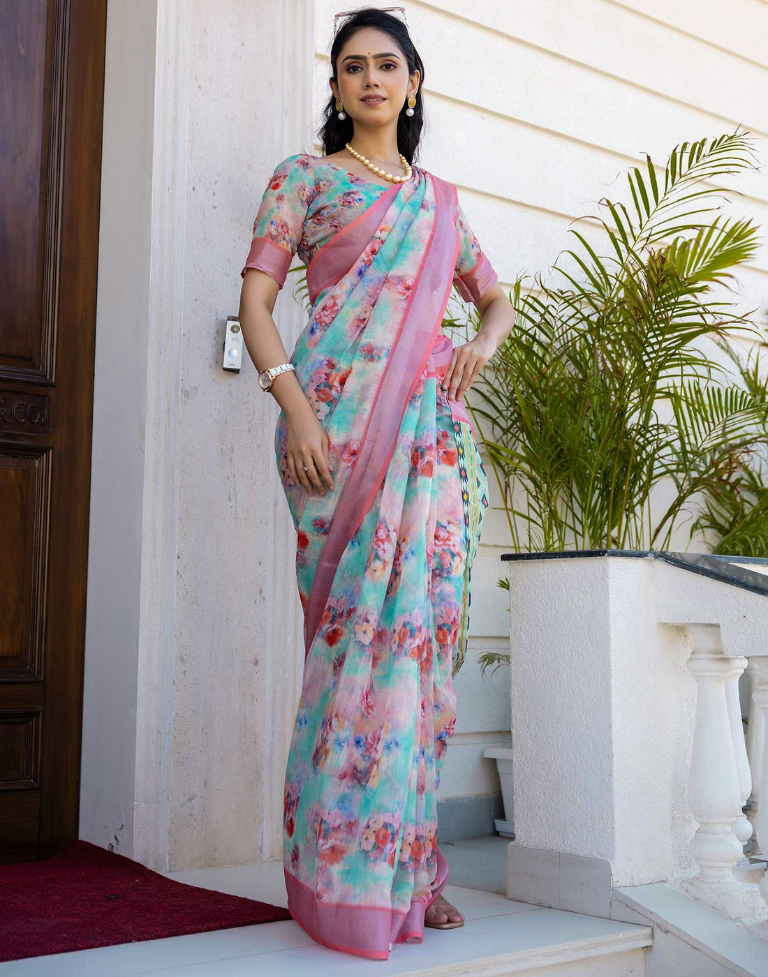 Ready To Wear Teal Green Linen Floral Printed Saree