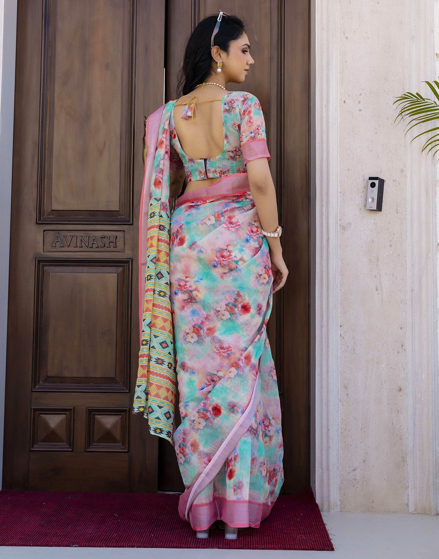 Ready To Wear Teal Green Linen Floral Printed Saree
