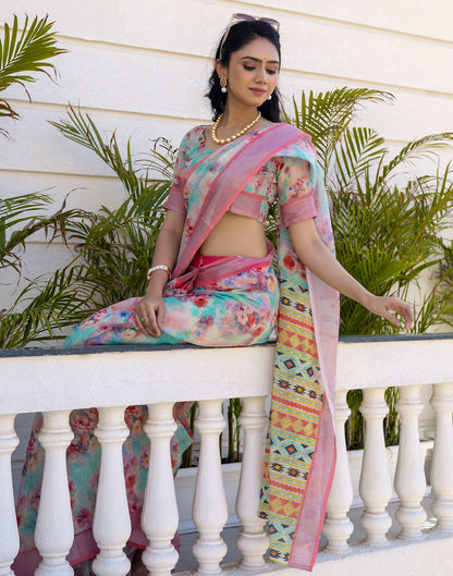 Ready To Wear Teal Green Linen Floral Printed Saree